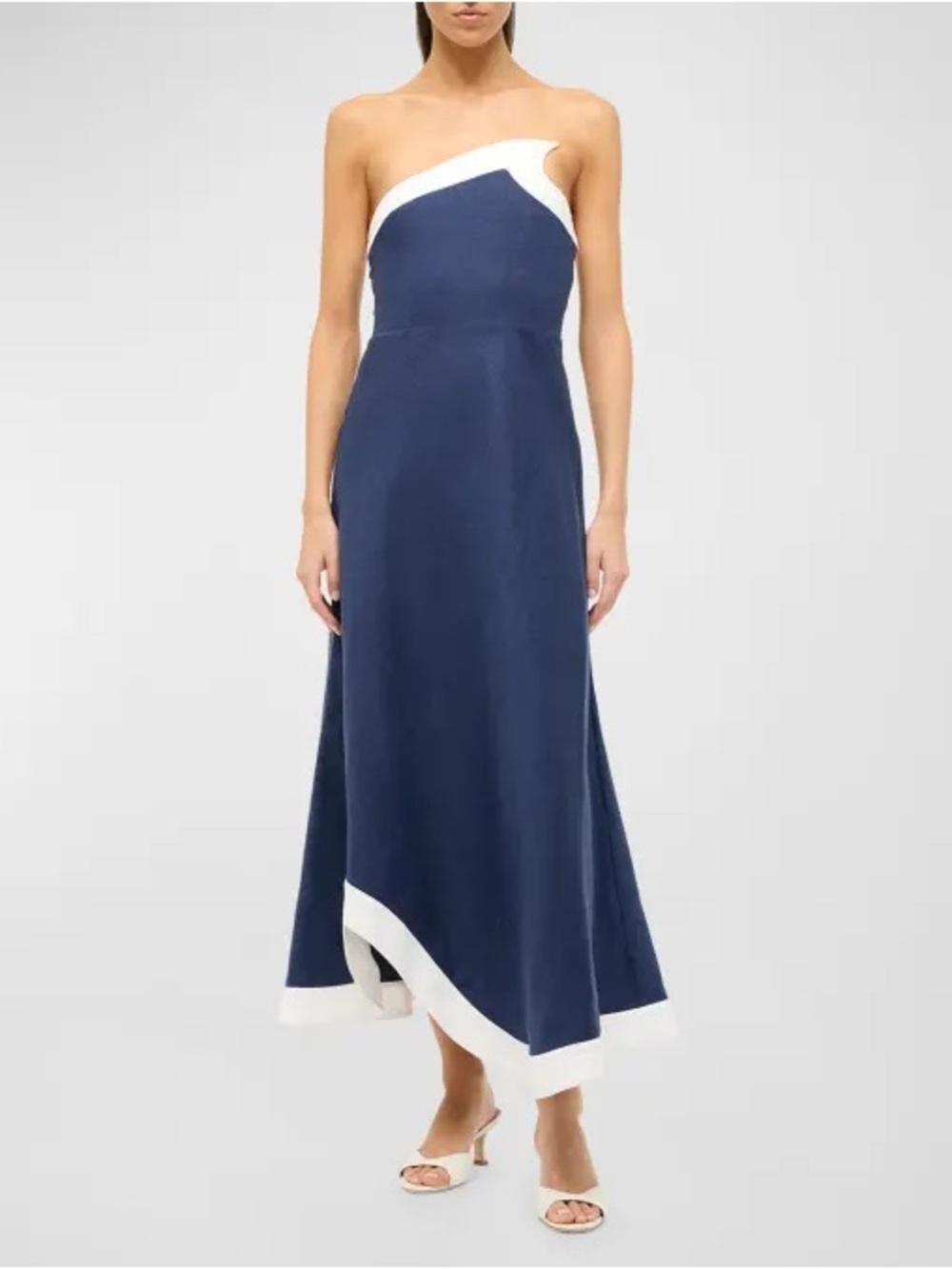 STAUD Navy and White Asymmetric Strapless Midi Dress